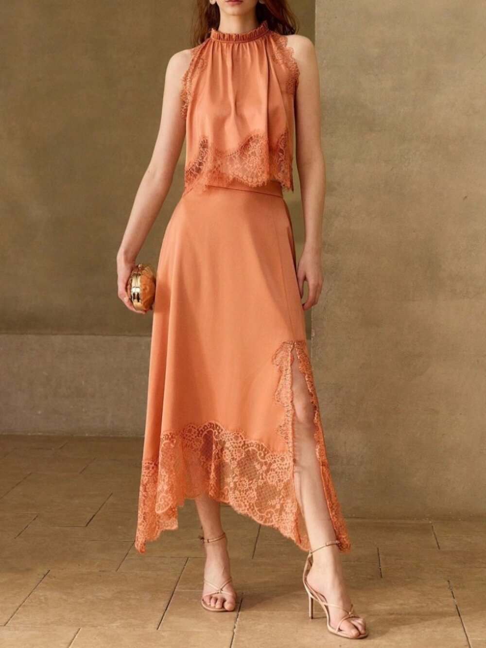 Terracotta Lace-Trim Halter Top & Slit Maxi Skirt Set